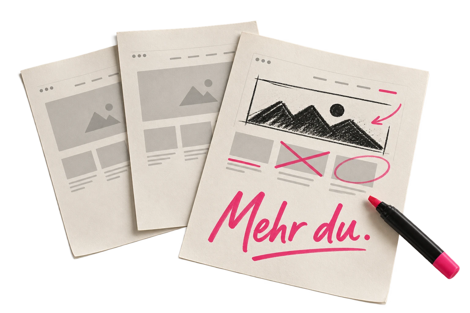 Drei ähnliche Website-Ausdrucke. Einer wird mit pinkem Marker überarbeitet und trägt die handschriftliche Notiz: Mehr du.
