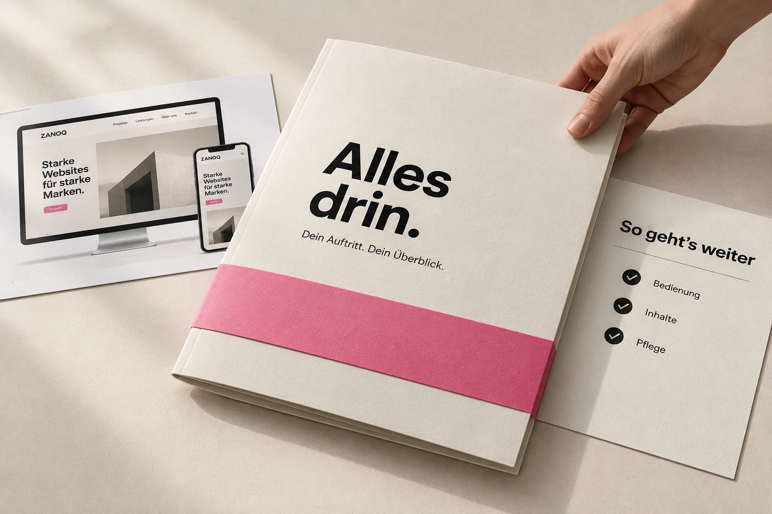 Übergabemappe mit Checkliste und Ansichten der fertigen Website.