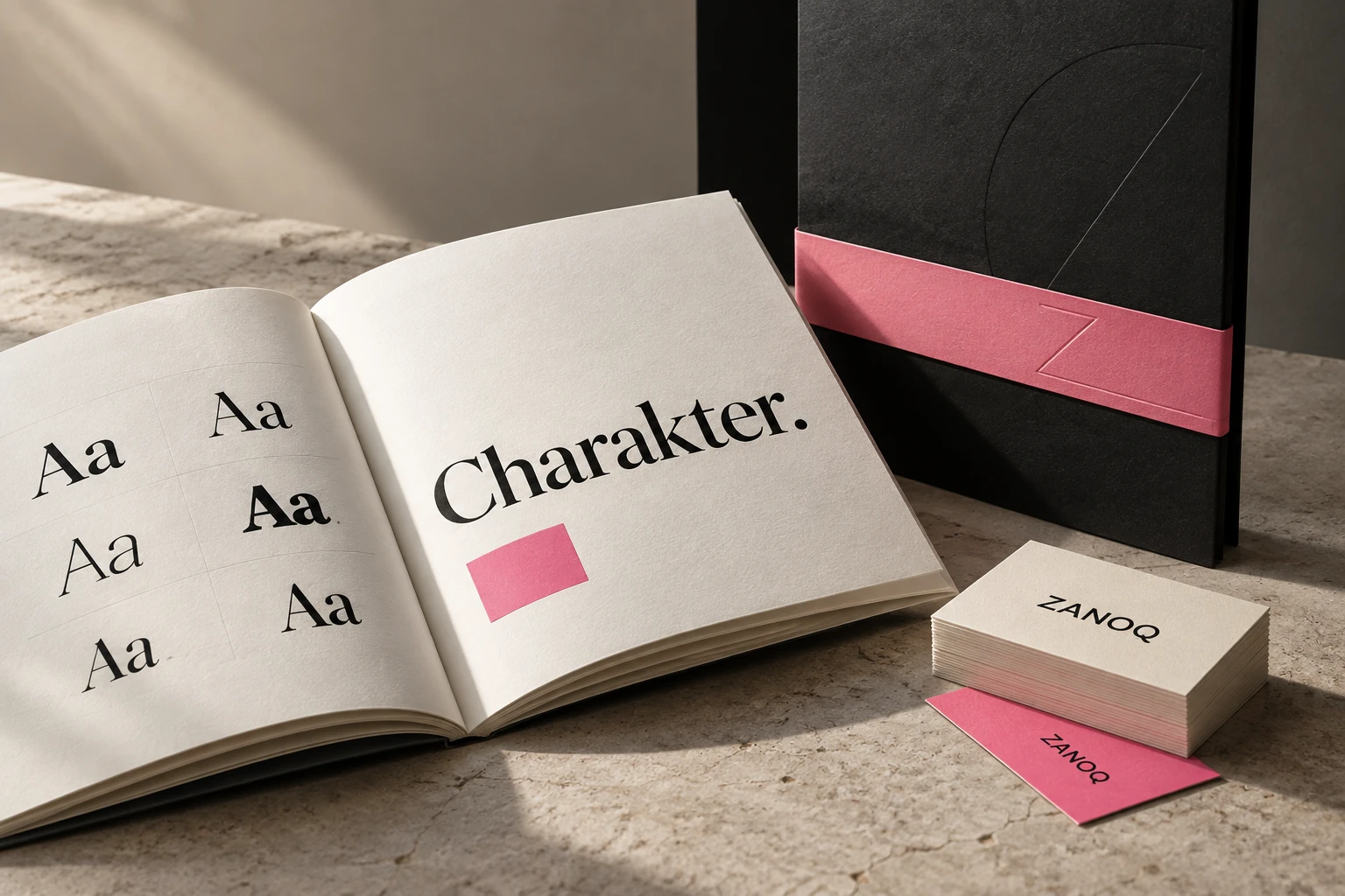 Markenbuch, geprägte Mappe und Visitenkarten aus strukturiertem Papier in Creme, Schwarz und Pink.